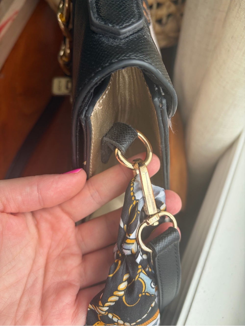 Black and Tan Top-Handle Crossbody Bag with Gold Chain Accent, and Scarf accent. - Picture 5 of 8